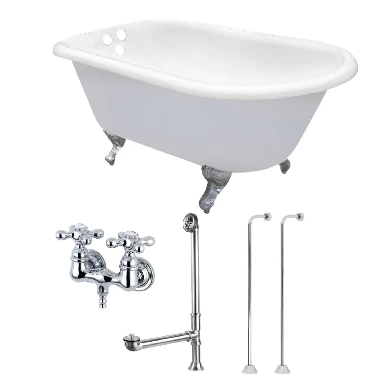 Aqua Eden KCT3D543019C1 54-Inch Cast Iron Oval Rectangular Roll Top Clawfoot Tub with Faucet Drain and Supply Lines Combo, White/Polished Chrome