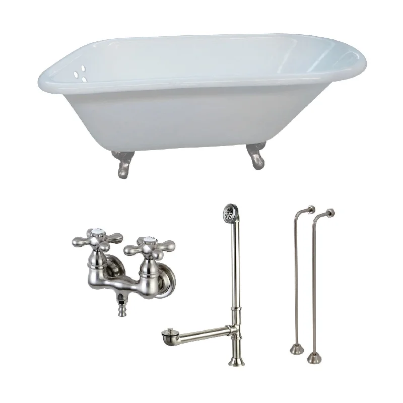 Aqua Eden KCT3D543019C8 54-Inch Cast Iron Oval Rectangular Roll Top Clawfoot Tub with Faucet Drain and Supply Lines Combo, White/Brushed Nickel