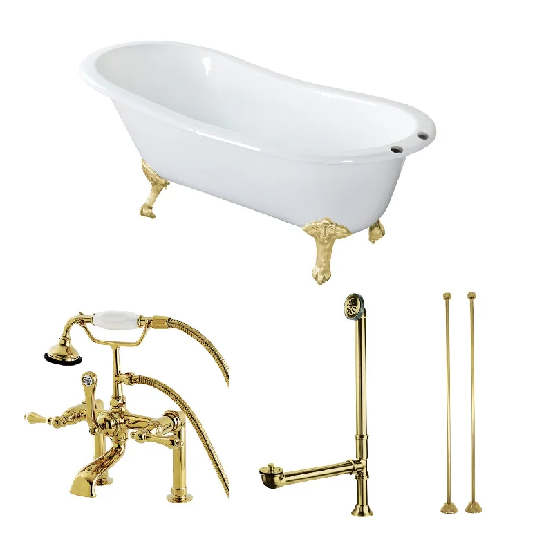 Aqua Eden KCT7D653129C2 62-Inch Cast Iron Oval Single Slipper Clawfoot Tub with Faucet Drain and Supply Lines Combo, White/Polished Brass