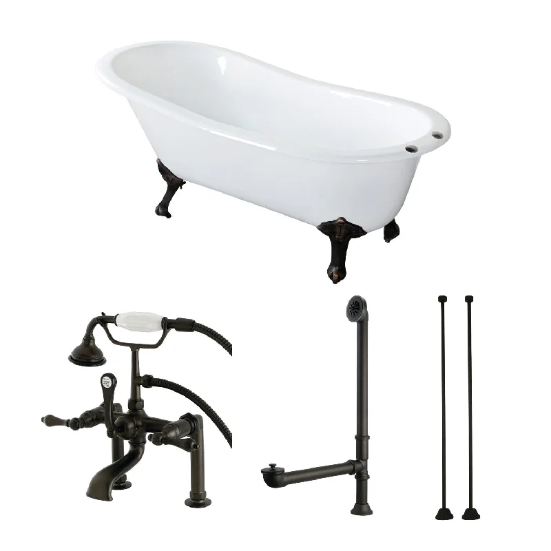 Aqua Eden KCT7D653129C5 62-Inch Cast Iron Oval Single Slipper Clawfoot Tub with Faucet Drain and Supply Lines Combo, White/Oil Rubbed Bronze