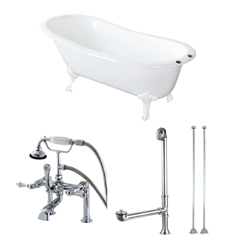 Aqua Eden KCT7D653129CW 62-Inch Cast Iron Oval Single Slipper Clawfoot Tub with Faucet Drain and Supply Lines Combo, White/White/Polished Chrome