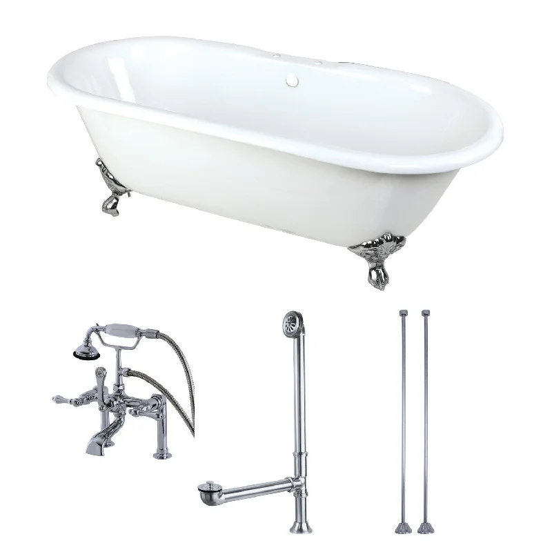 Aqua Eden KCT7D663013C1 66-Inch Cast Iron Oval Double Ended Clawfoot Tub with Faucet Drain and Supply Lines Combo, White/Polished Chrome