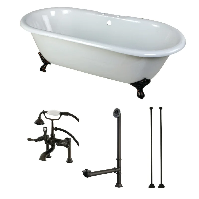 Aqua Eden KCT7D663013C5 66-Inch Cast Iron Oval Double Ended Clawfoot Tub with Faucet Drain and Supply Lines Combo, White/Oil Rubbed Bronze