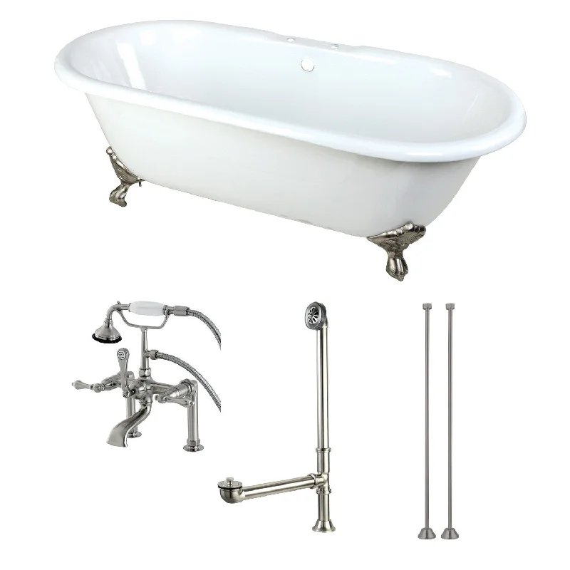 Aqua Eden KCT7D663013C8 66-Inch Cast Iron Oval Double Ended Clawfoot Tub with Faucet Drain and Supply Lines Combo, White/Brushed Nickel