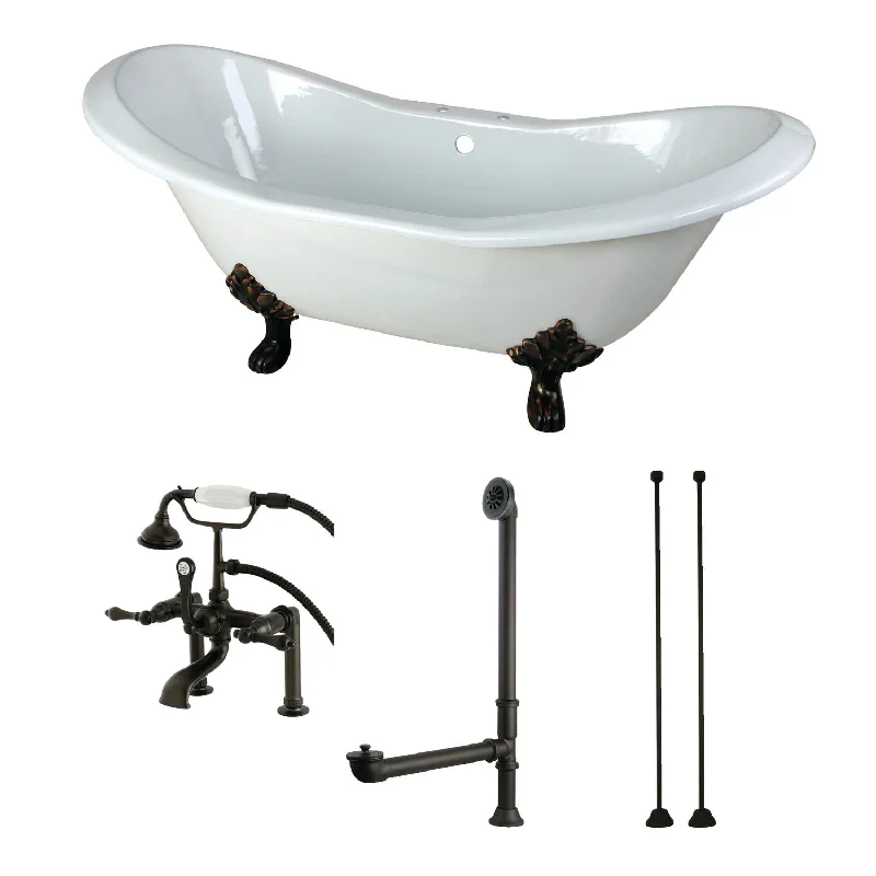 Aqua Eden KCT7D7231C5 72-Inch Cast Iron Oval Double Slipper Clawfoot Tub with Faucet Drain and Supply Lines Combo, White/Oil Rubbed Bronze