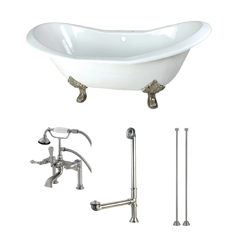 Aqua Eden KCT7D7231C8 72-Inch Cast Iron Oval Double Slipper Clawfoot Tub with Faucet Drain and Supply Lines Combo, White/Brushed Nickel