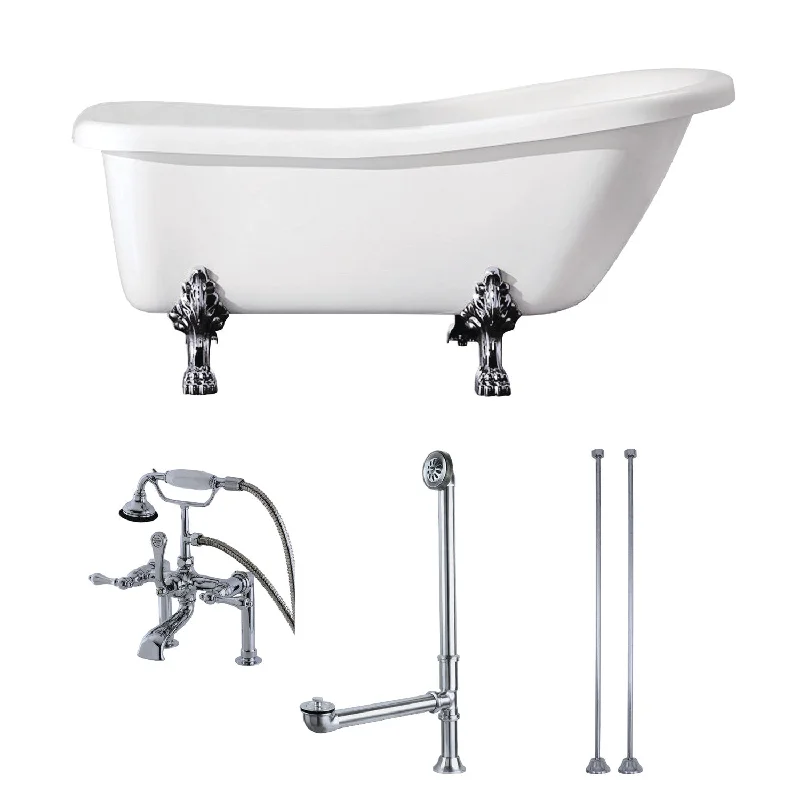 Aqua Eden KTDE692823C1 67-Inch Acrylic Oval Single Slipper Clawfoot Tub with Faucet Drain and Supply Lines Combo, Glossy White/Polished Chrome