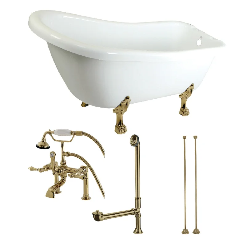 Aqua Eden KTDE692823C2 67-Inch Acrylic Oval Single Slipper Clawfoot Tub with Faucet Drain and Supply Lines Combo, Glossy White/Polished Brass