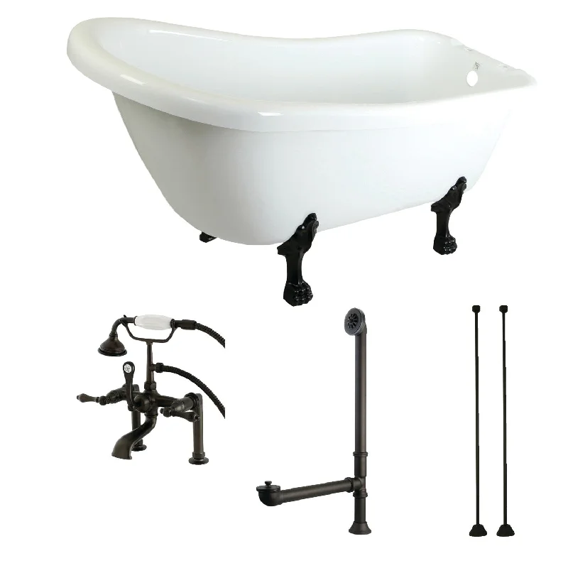 Aqua Eden KTDE692823C5 67-Inch Acrylic Oval Single Slipper Clawfoot Tub with Faucet Drain and Supply Lines Combo, Glossy White/Oil Rubbed Bronze