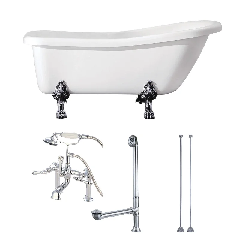 Aqua Eden KVTDE692823C1 67-Inch Acrylic Oval Single Slipper Clawfoot Tub with Faucet, Drain and Supply Lines Combo, Glossy White/Polished Chrome