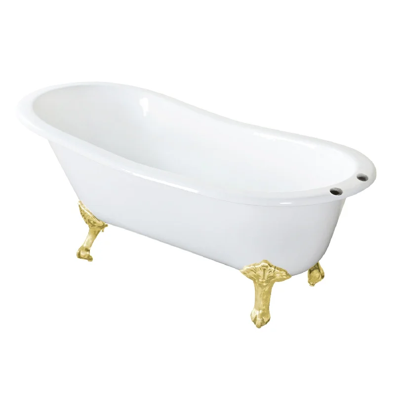 Aqua Eden NHVCT7D653129B2 61-Inch Cast Iron Oval Single Slipper Clawfoot Tub (7-Inch Faucet Drillings), White/Polished Brass