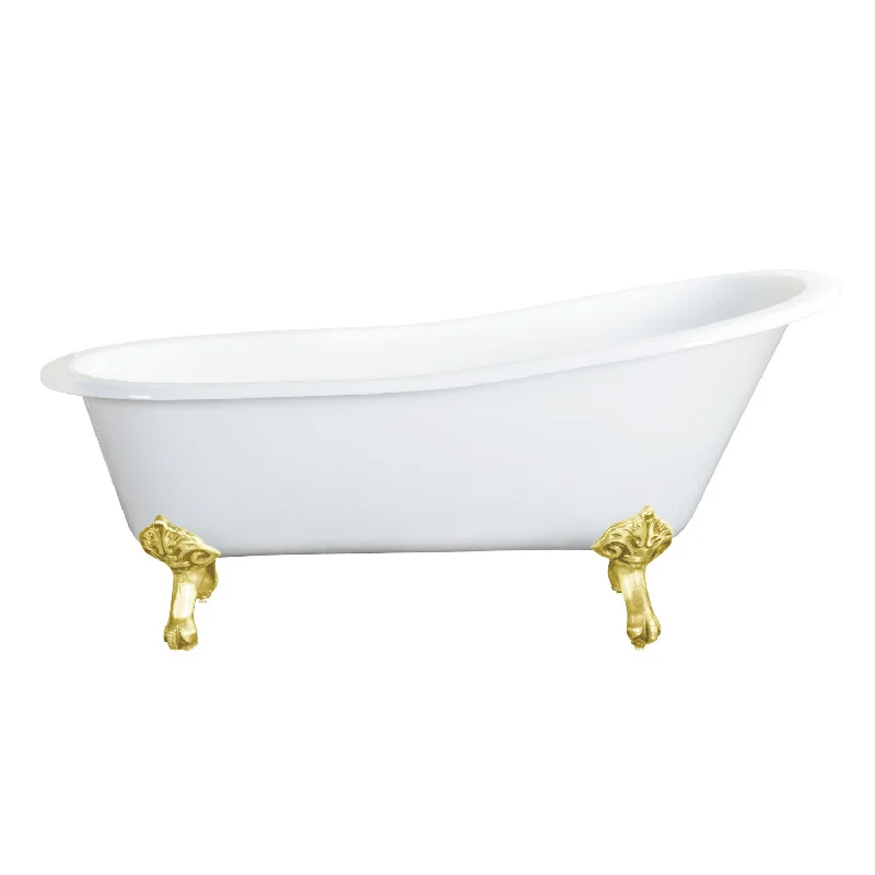 Aqua Eden NHVCTND653129B2 61-Inch Cast Iron Oval Single Slipper Clawfoot Tub (No Faucet Drillings), White/Polished Brass