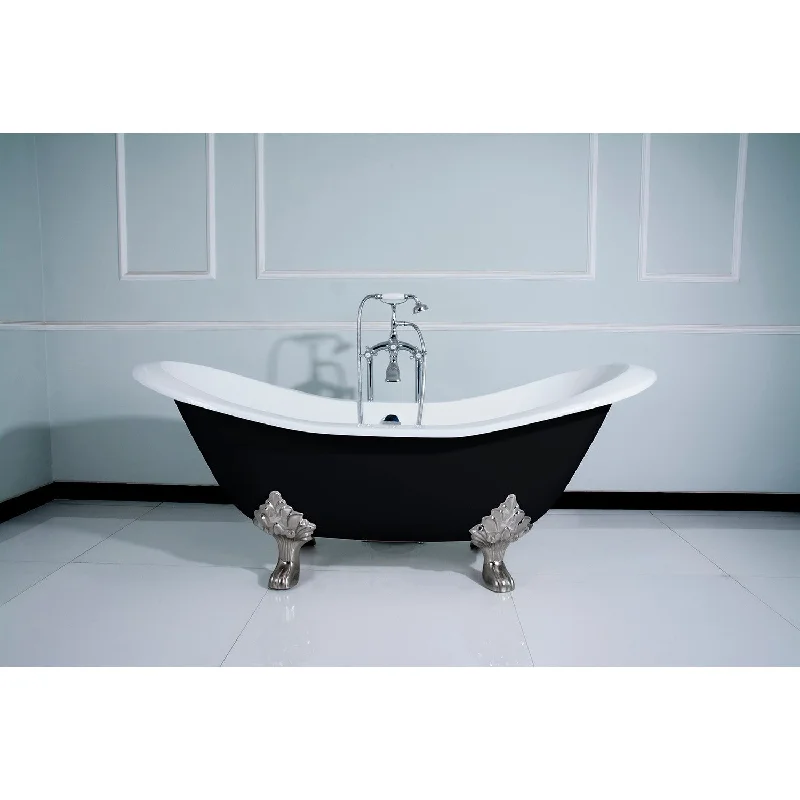 Aqua Eden VBTND7231NC8 72-Inch Cast Iron Oval Double Slipper Clawfoot Tub (No Faucet Drillings), Black/White/Brushed Nickel