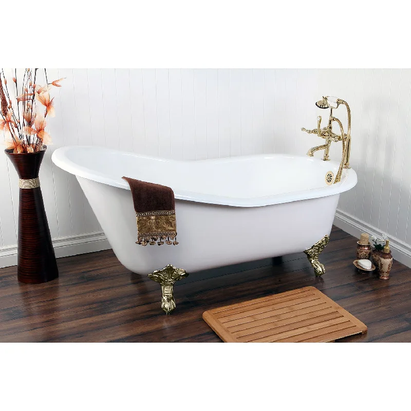 Aqua Eden VCT7D653129B2 61-Inch Cast Iron Oval Single Slipper Clawfoot Tub (7-Inch Faucet Drillings), White/Polished Brass