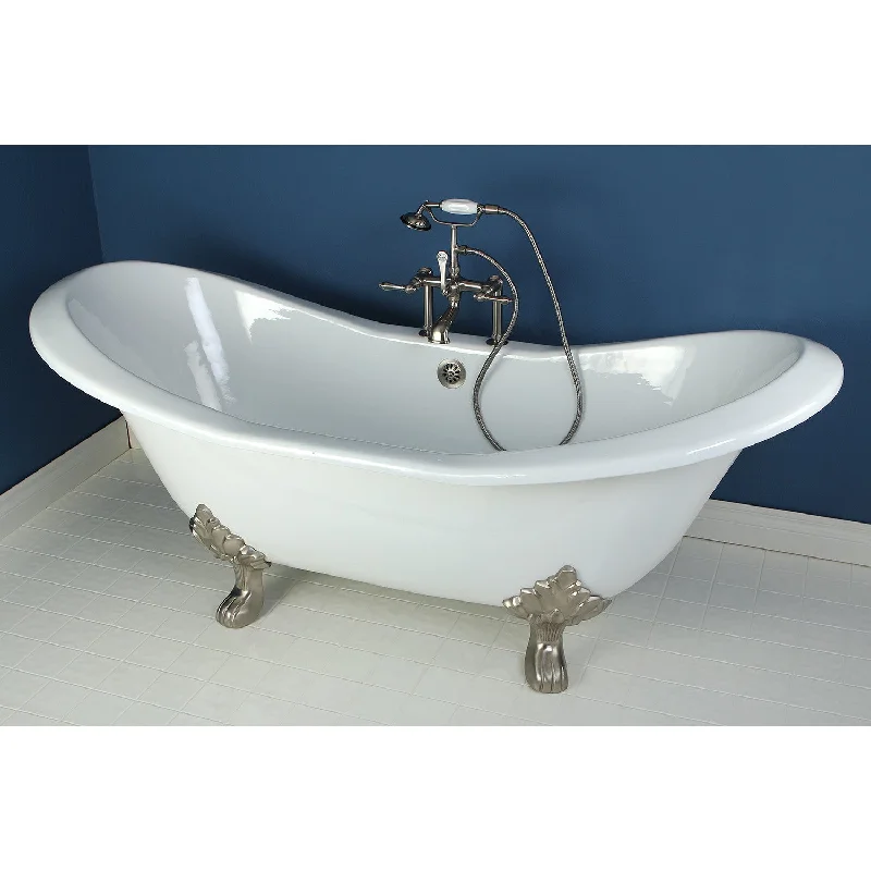 Aqua Eden VCT7D7231NC8 72-Inch Cast Iron Oval Double Slipper Clawfoot Tub (7-Inch Faucet Drillings), White/Brushed Nickel