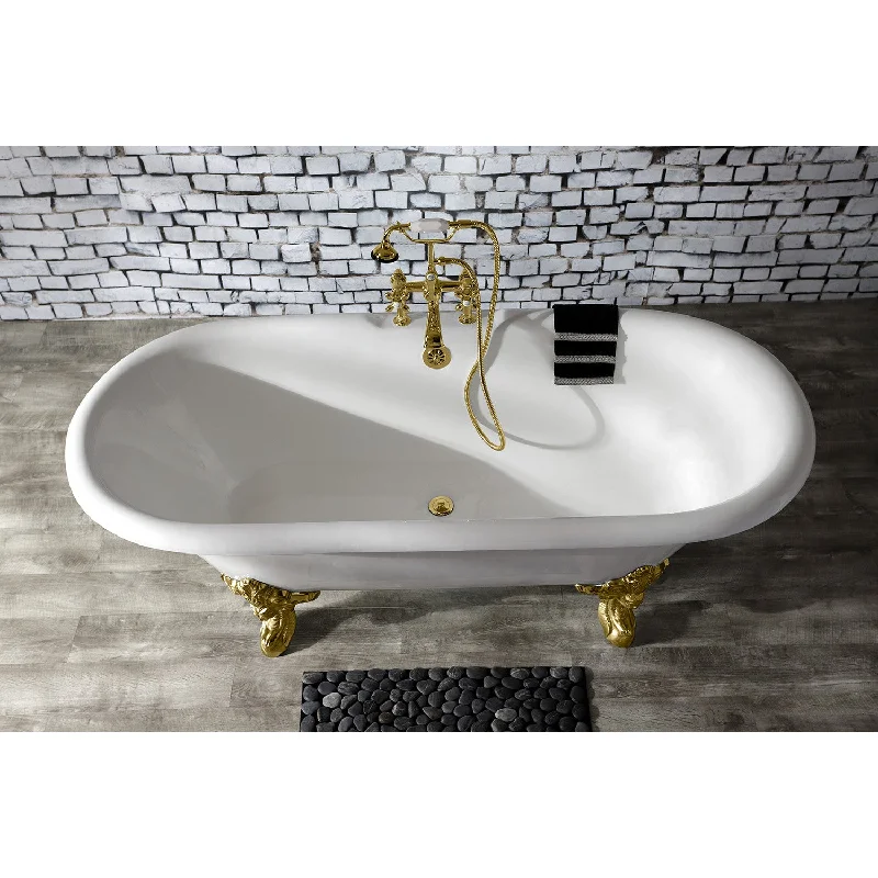 Aqua Eden VCT7DE7232NL2 72-Inch Cast Iron Oval Double Ended Clawfoot Tub (7-Inch Faucet Drillings), White/Polished Brass