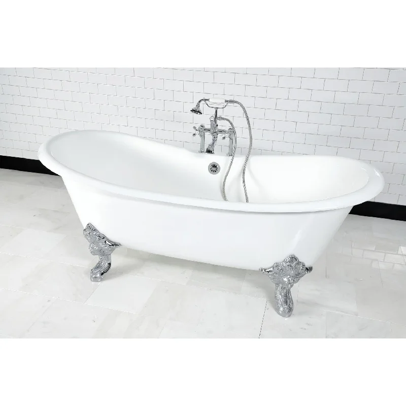 Aqua Eden VCT7DS7231NL1 72-Inch Cast Iron Oval Double Slipper Clawfoot Tub (7-Inch Faucet Drillings), White/Polished Chrome