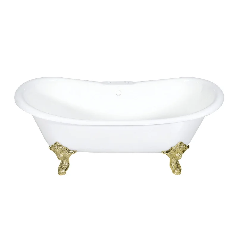 Aqua Eden VCT7DS7231NL2 72-Inch Cast Iron Oval Double Slipper Clawfoot Tub (7-Inch Faucet Drillings), White/Polished Brass