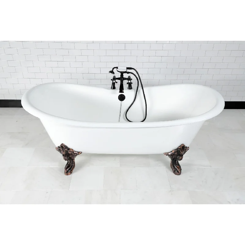 Aqua Eden VCT7DS7231NL5 72-Inch Cast Iron Oval Double Slipper Clawfoot Tub (7-Inch Faucet Drillings), White/Oil Rubbed Bronze