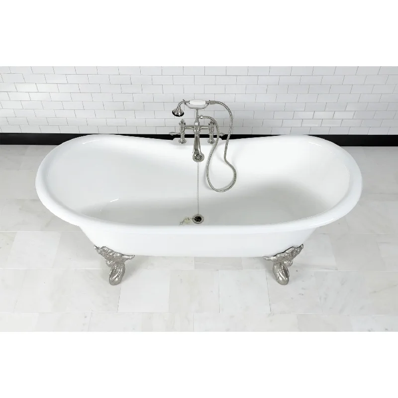 Aqua Eden VCT7DS7231NL8 72-Inch Cast Iron Oval Double Slipper Clawfoot Tub (7-Inch Faucet Drillings), White/Brushed Nickel