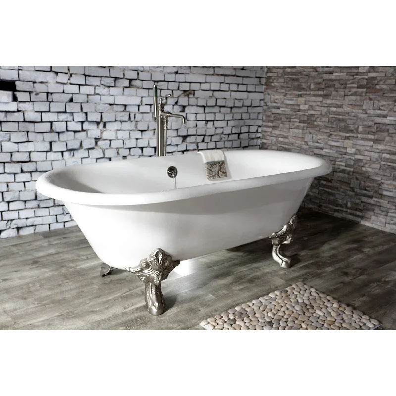 Aqua Eden VCTDE7232NL8 72-Inch Cast Iron Oval Double Ended Clawfoot Tub (No Faucet Drillings), White/Brushed Nickel