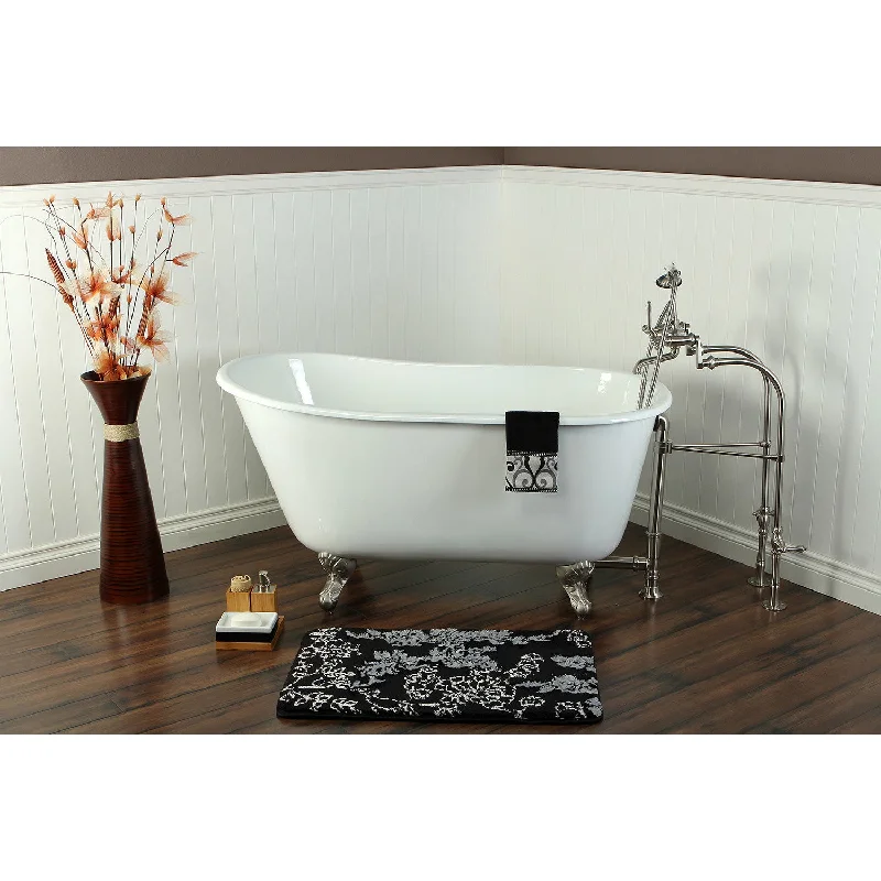 Aqua Eden VCTND5328NT8 53-Inch Cast Iron Oval Single Slipper Clawfoot Tub (No Faucet Drillings), White/Brushed Nickel