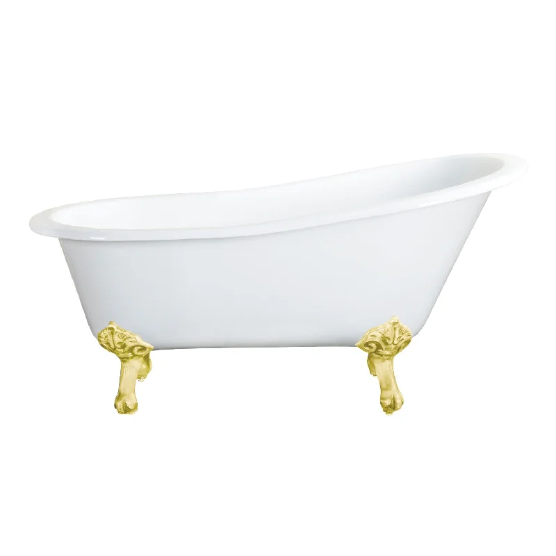 Tazatina VCTND5431B2 54-Inch Cast Iron Oval Single Slipper Clawfoot Tub (No Faucet Drillings), White/Polished Brass