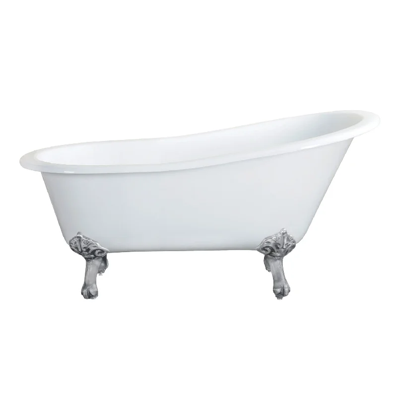 Tazatina VCTND5431B8 54-Inch Cast Iron Oval Single Slipper Clawfoot Tub (No Faucet Drillings), White/Brushed Nickel