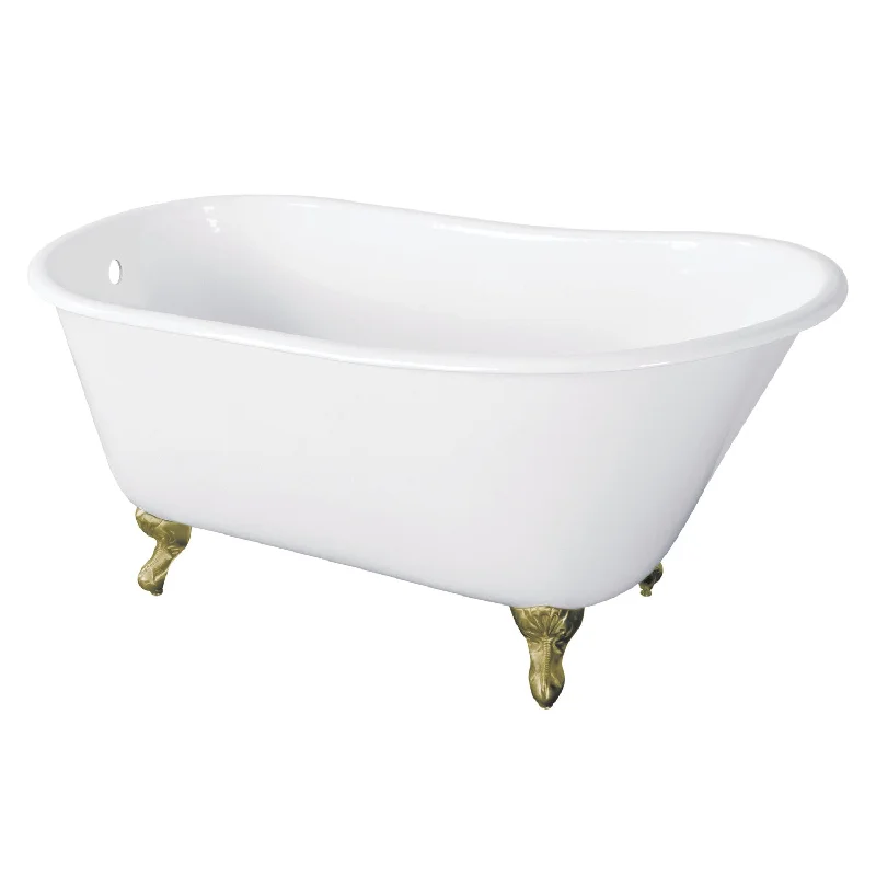 Onamia VCTND5728NT7 57-Inch Cast Iron Oval Single Slipper Clawfoot Tub (No Faucet Drillings), White/Brushed Brass