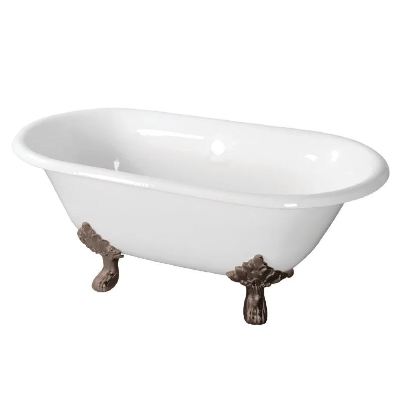 Aqua Eden VCTND603119NC8 60-Inch Cast Iron Oval Double Ended Clawfoot Tub (No Faucet Drillings), White/Brushed Nickel