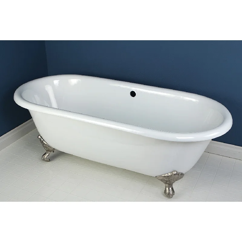 Aqua Eden VCTND663013NB8 66-Inch Cast Iron Oval Double Ended Clawfoot Tub (No Faucet Drillings), White/Brushed Nickel