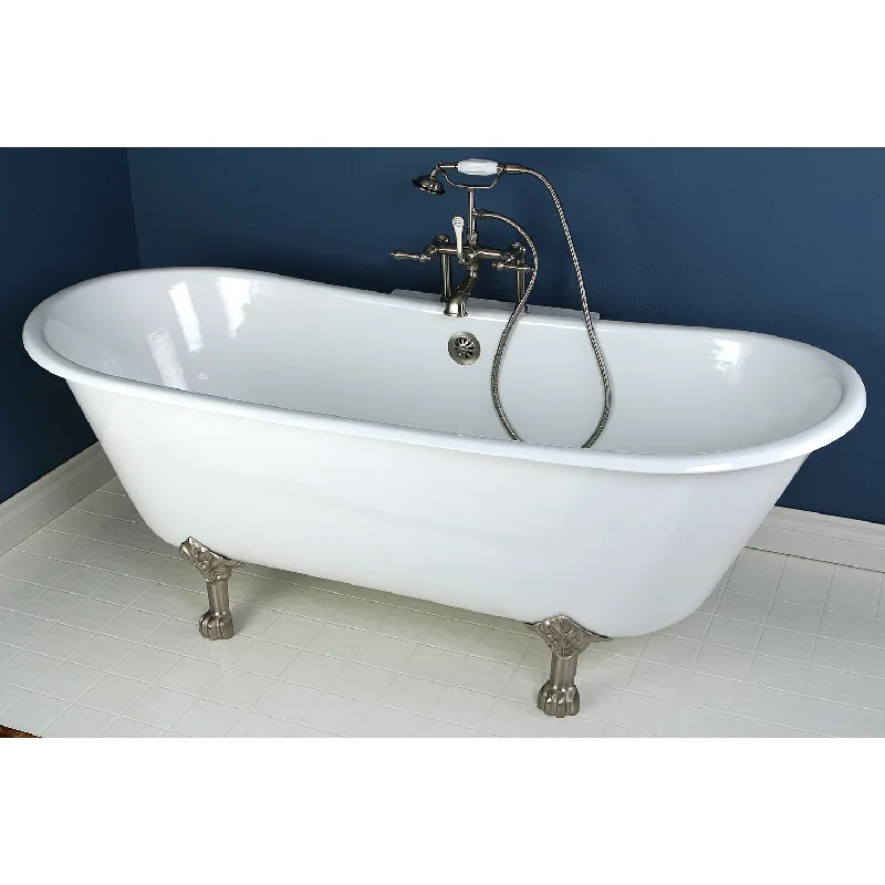 Aqua Eden VCTND6728NH8 67-Inch Cast Iron Oval Double Slipper Clawfoot Tub (No Faucet Drillings), White/Brushed Nickel