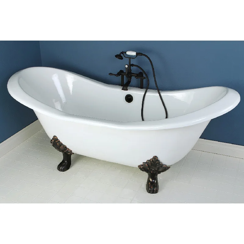 Aqua Eden VCTND7231NC5 72-Inch Cast Iron Oval Double Slipper Clawfoot Tub (No Faucet Drillings), White/Oil Rubbed Bronze