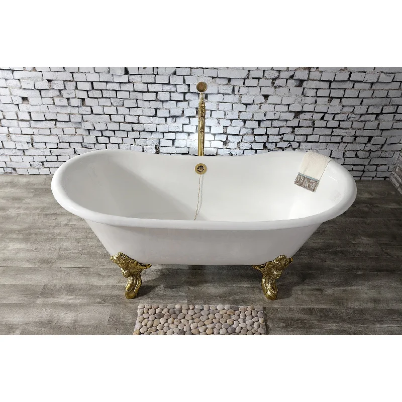 Aqua Eden VCTNDS6731NL2 67-Inch Cast Iron Oval Double Slipper Clawfoot Tub (No Faucet Drillings), White/Polished Brass