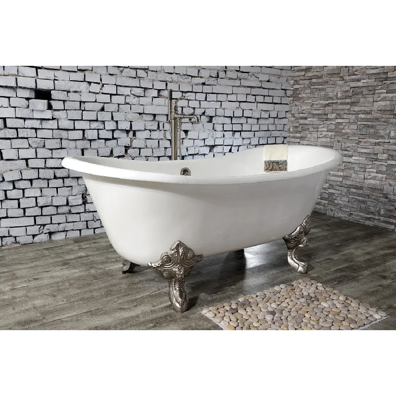 Aqua Eden VCTNDS6731NL8 67-Inch Cast Iron Oval Double Slipper Clawfoot Tub (No Faucet Drillings), White/Brushed Nickel