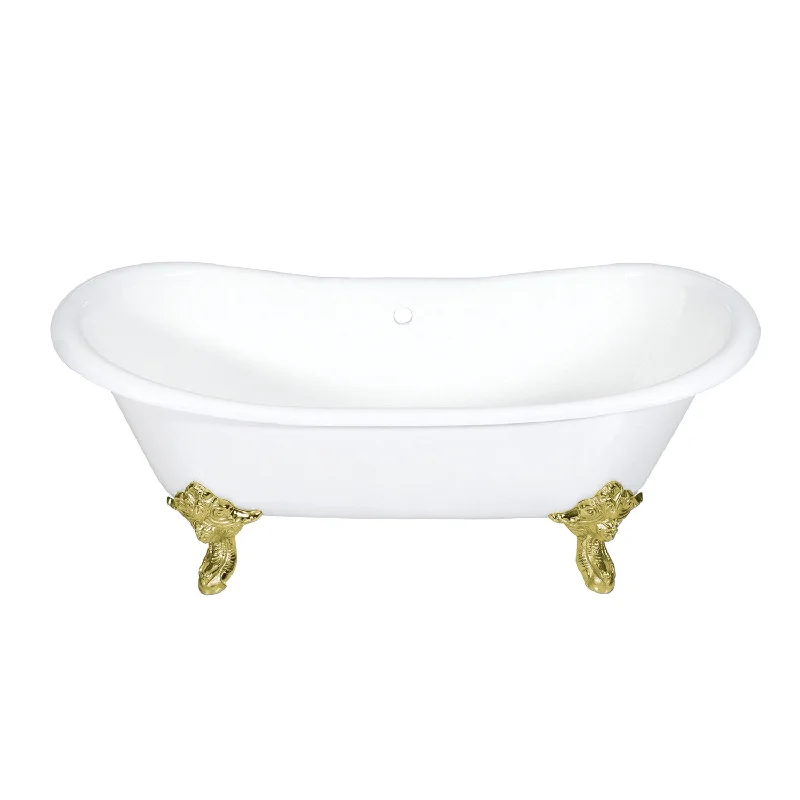 Aqua Eden VCTNDS7231NL2 72-Inch Cast Iron Oval Double Slipper Clawfoot Tub (No Faucet Drillings), White/Polished Brass