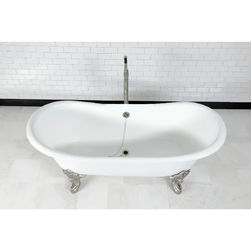 Aqua Eden VCTNDS7231NL8 72-Inch Cast Iron Oval Double Slipper Clawfoot Tub (No Faucet Drillings), White/Brushed Nickel