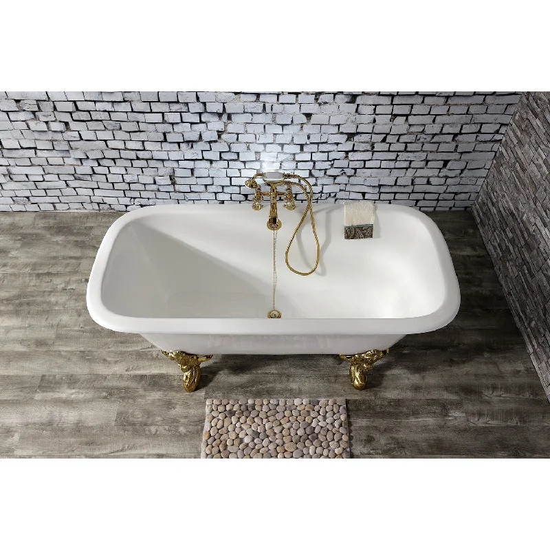 Aqua Eden VCTQ7D6732NL2 67-Inch Cast Iron Rectangular Double Ended Clawfoot Tub (7-Inch Faucet Drillings), White/Polished Brass