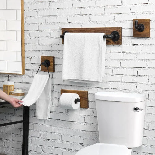 4-Piece Dark Brown Wood & Metal Pipe Bathroom Set