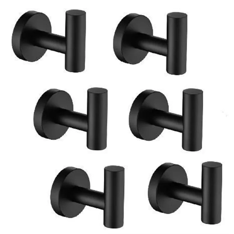 6 Pack Wall Mount Towel Hooks Matte Black Bathroom Robe Hook for Cabinet Closet Door Wall Hooks for Kitchen, Hotel, Washroom