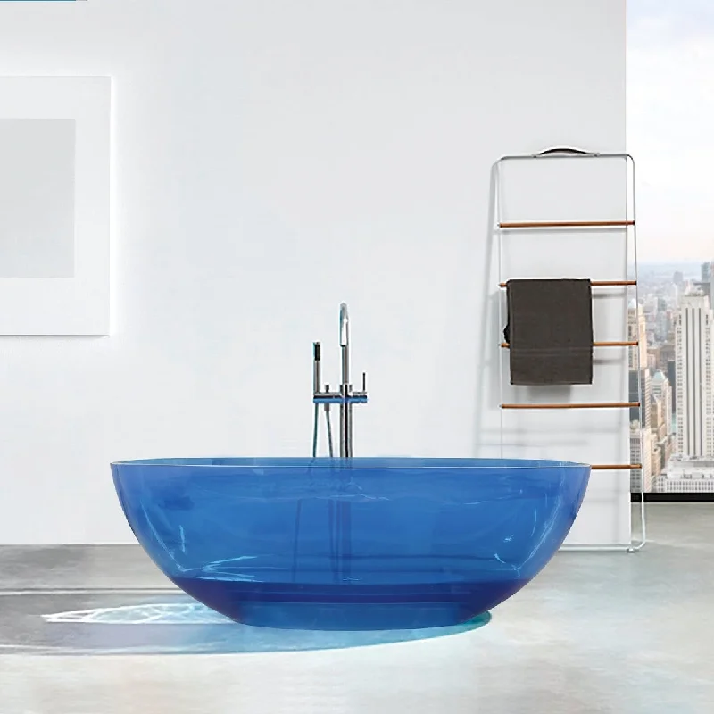 64 in. x 30 in. Resin Freestanding Soaking Bathtub in Transparent Blue