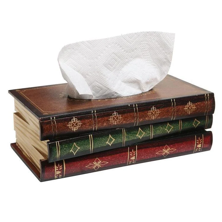 Antique Book Design Wood Bathroom Tissue Box Cover