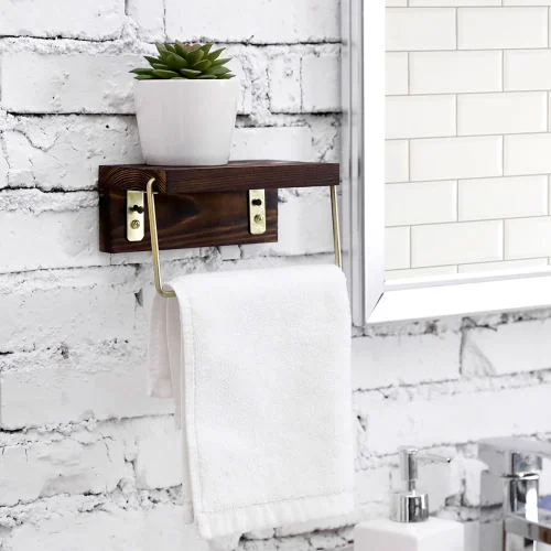 Brass Tone Metal & Dark Brown Burnt Wood Towel Holder w/ Storage Shelf