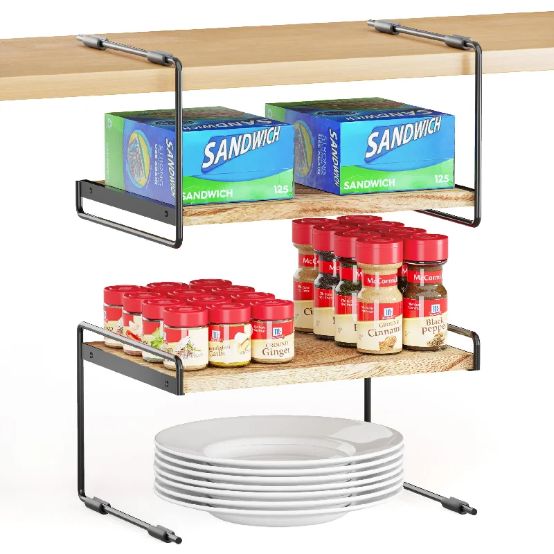 SpaceAid Cabinet Shelf Organizers 2 Pack, Kitchen Counter Organizer Rack, Metal and Wood, 13" Wide