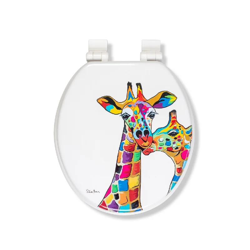 Croydex 17" Round Decorative Wood Toilet Seat, Soft Close, Francie & Josie Colorful Giraffes