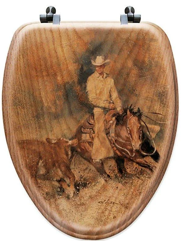 Cutting Horse and Cowboy, Decorative Oak Toilet Seats