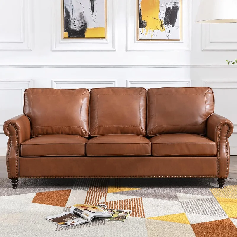 Dreamsir 79'' Traditional Faux Leather Sofa, 3 Seater Leather Couch - $260