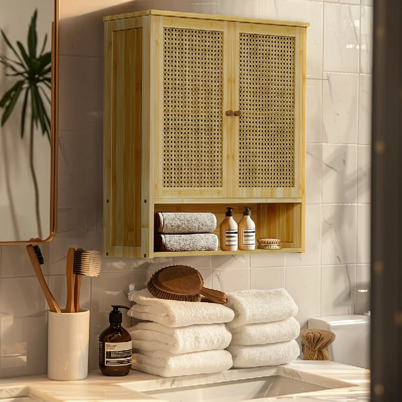 Floating Rattan Bamboo Bathroom Wall Cabinet Storage Cupboard