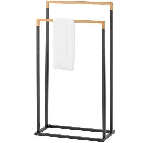 Freestanding 2-Tier Black Metal and Bamboo Towel Rack