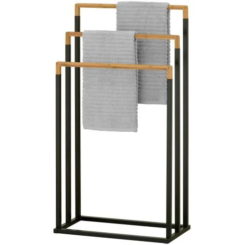 Freestanding 3-Tier Black Metal and Bamboo Towel Rack